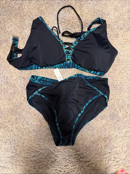 Swimsuits For All Other - Swimsuits For All Black and Teal Lace-Up Bikini Set